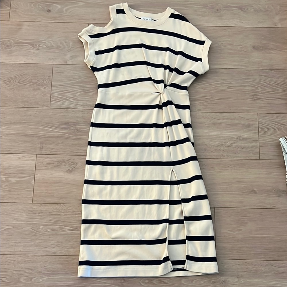 Tanya Taylor One Shoulder Cream and Black Striped Dress